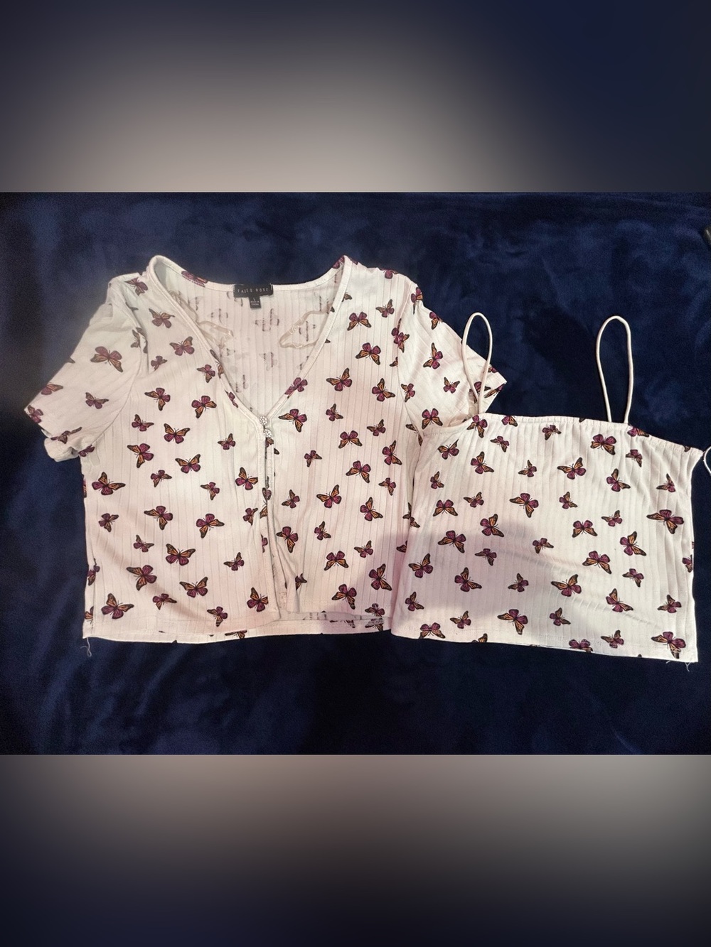 Faded Rose Butterfly 2-Piece Layered Crop Top Set Women's Size L